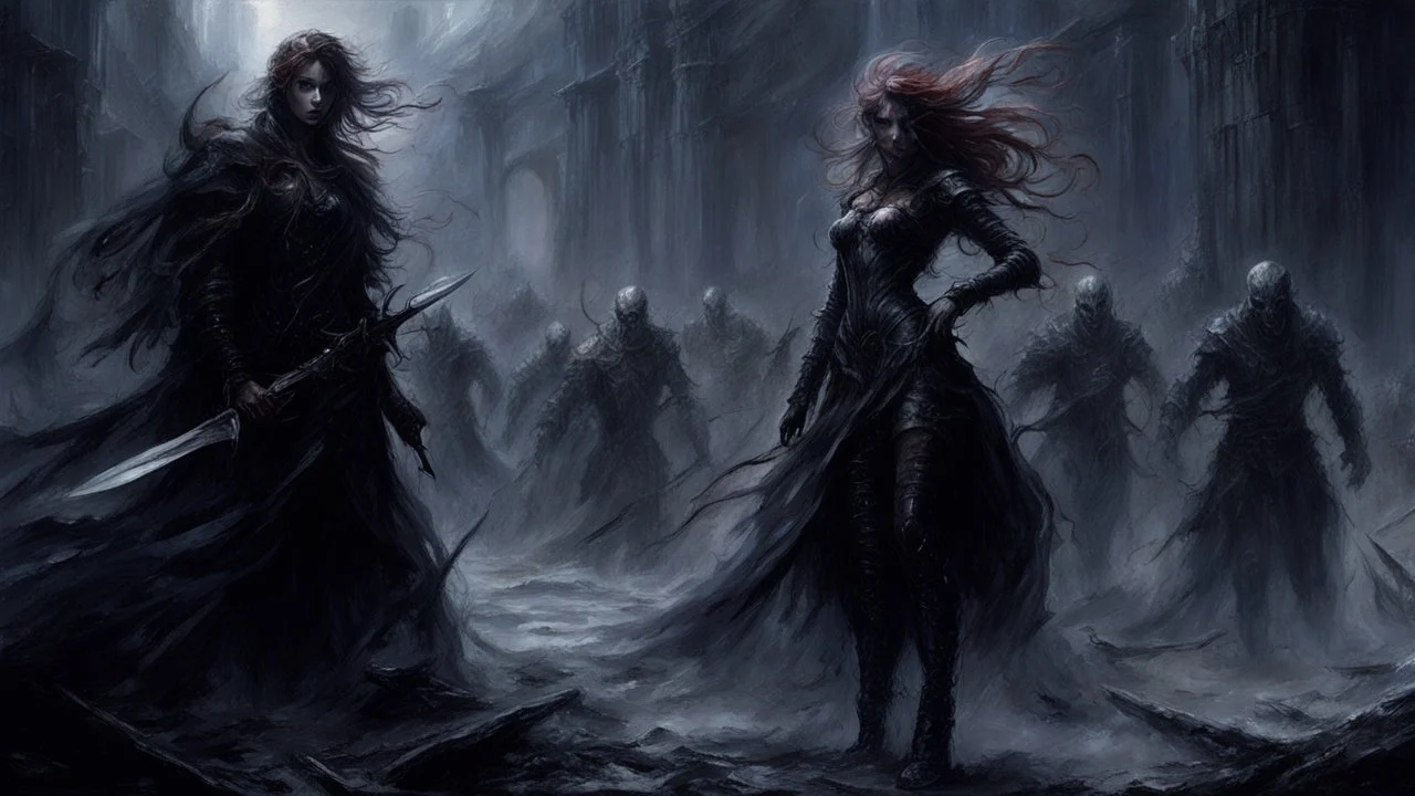 Dark fantasy world, girl, battle, mist, battlefield, Lovecraft's Monster in the background, dark colors, Luis Royo & Raymond Swanland & Alyssa Monks & Anna Razumovskaya