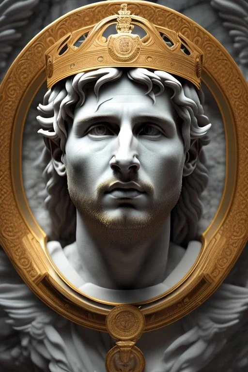 Ultra Realistic image, Roman sculpture, white marble material, Lionel Messi, sun radial crown, chisel style, waist up portrait, epic, celestial, cinematic lighting, God light, god rays, 4k resolution, smooth details, ornate details, soft lighting, unreal engine 5, marble background.