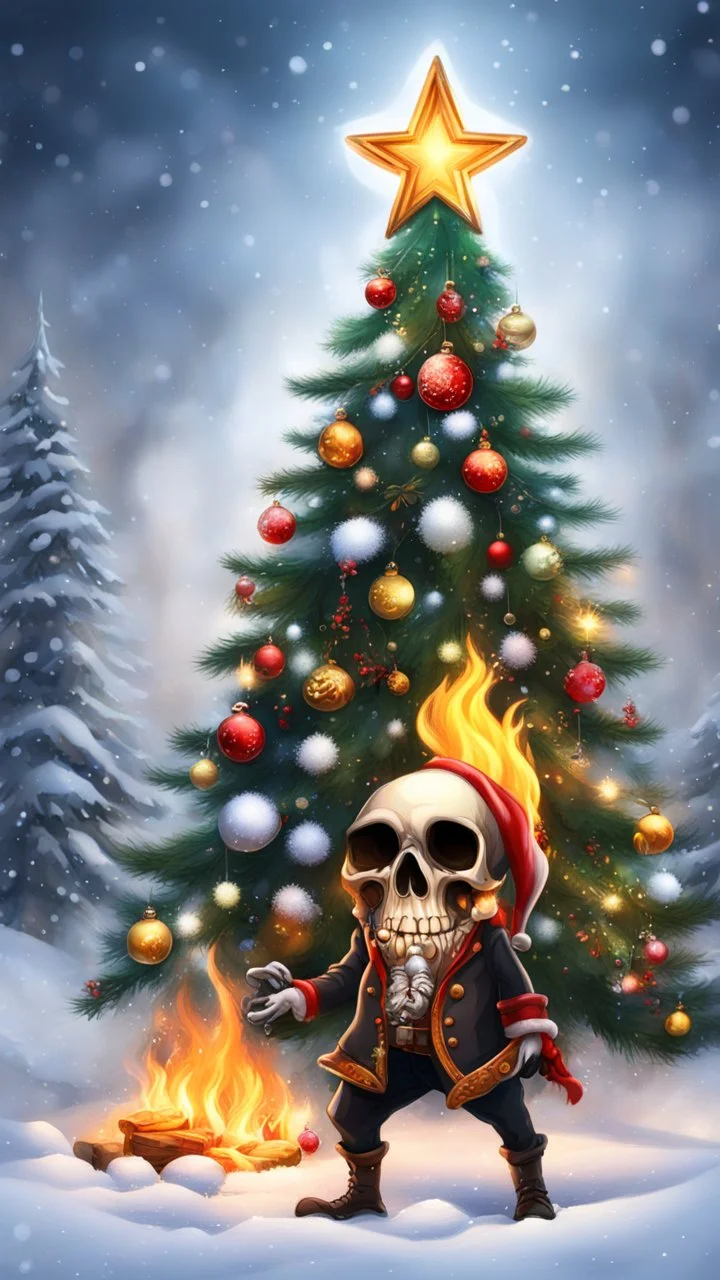 Christmas tree snow , Merry-x-mas decoration, tree, cartoon, Undertaker, fire and smog, Skull