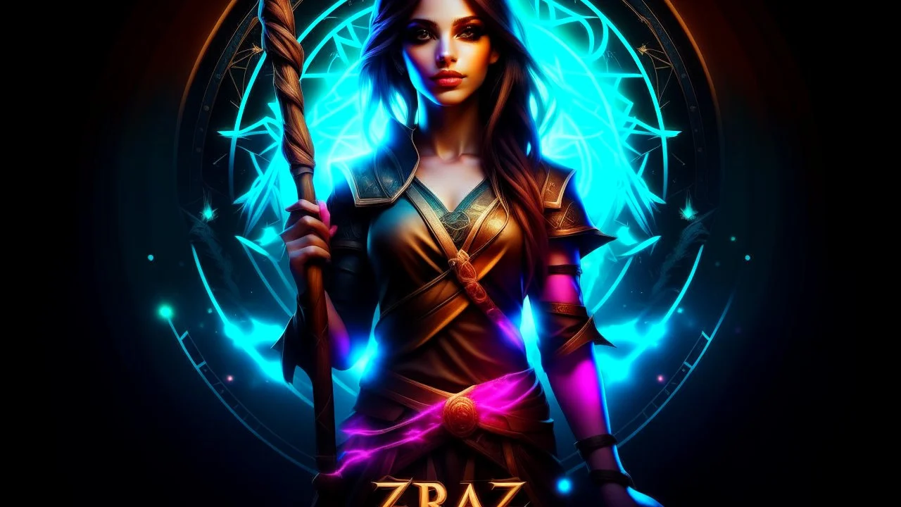 poster, a fantasy girl on a bright background holds a magic staff, with the ERAZE logo. The edges of the image fade to black.