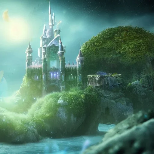 Realistic futuristic fantasy neverland lostboy moonlight 8K resolution flowers snow castle butterfly