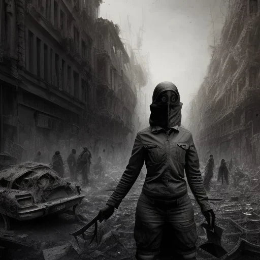 women, faces covered in black masks, ragged clothes, holding flag, war-torn, destroyed city in the background, 8k resolution, hyperrealistic, detailed matte painting, b&w, dynamic lighting, war, anarchy, terrorists