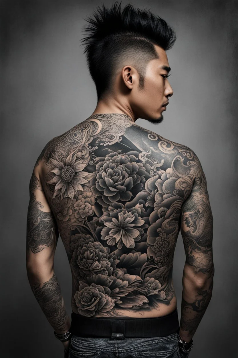 asian man with Yakuza-inspired tattoo artwork, with asian cultural elements, tattoo ink decoration, natural light, chiaroscuro technique enhancing depth and drama, high detalied, sharp focus, photorealistic concept art, asian etno punk style, masterpiece