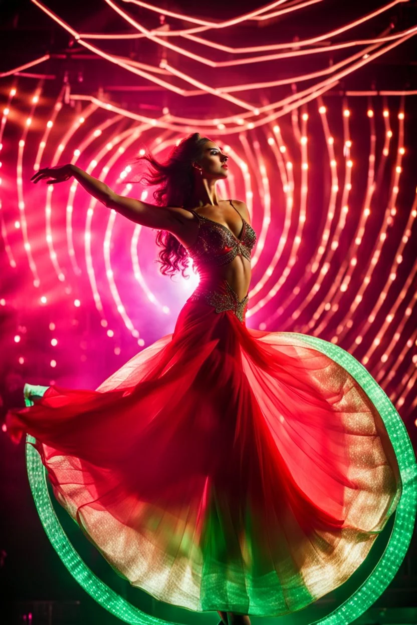 a beautiful spanish dancer dancing in luxury night club with dynamic lights