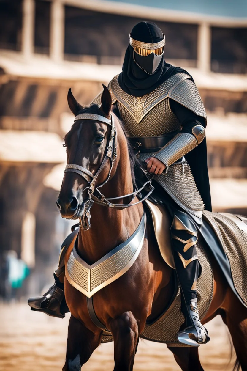 Arab cyborg warrior Full Body Full Armored helmet,Wearing Face Mask Iron Masculine Mysterious Powerful Fantasy High Quality clothes,driving on horse,islamic city background