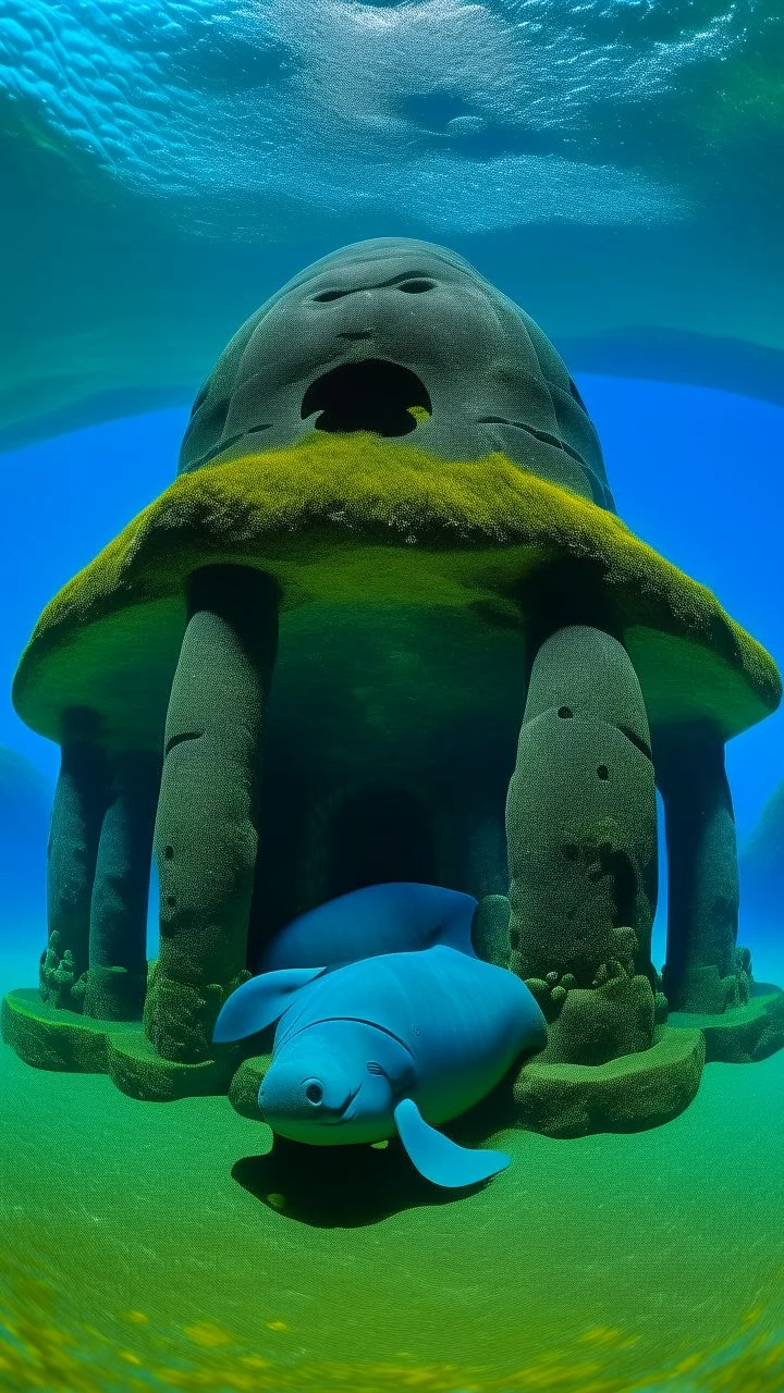 An indigo underwater temple with a whale designed in Moai statues painted by Paul Gauguin