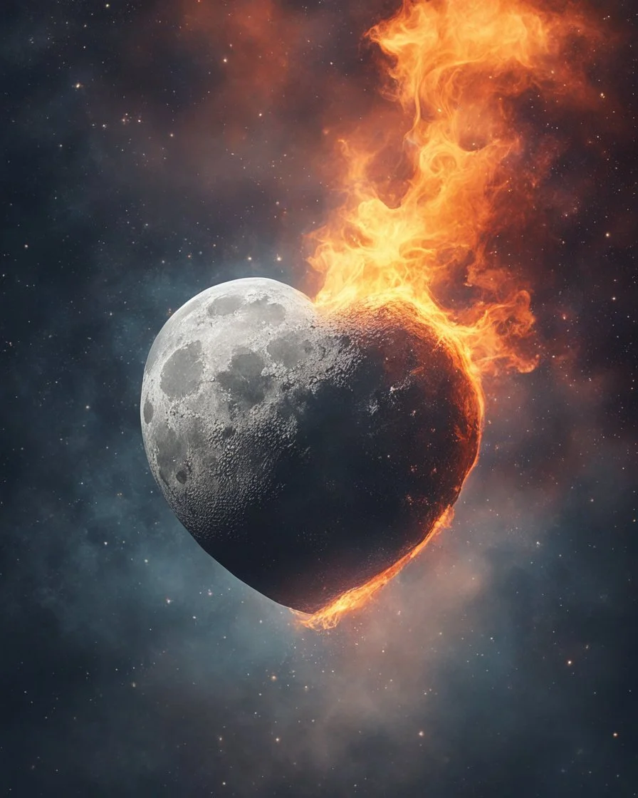 Moon, biological heart, cinematic, {abstract}, depression, space background, atmospheric, fire, DLSR, soft focus, dispersion