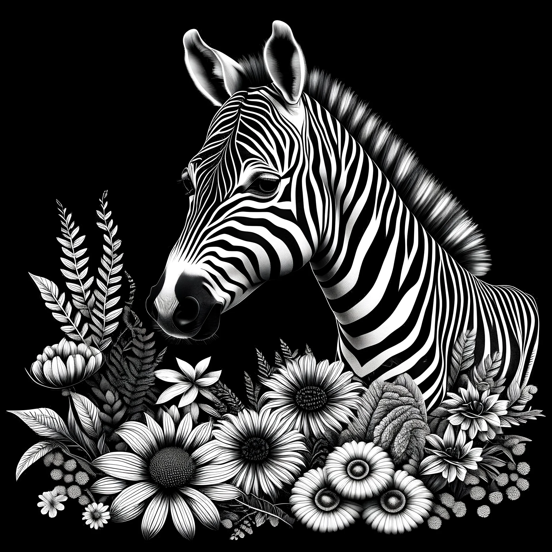zebra between seeds and big flowers black background .black and white colors. easy for coloring . with grayscale