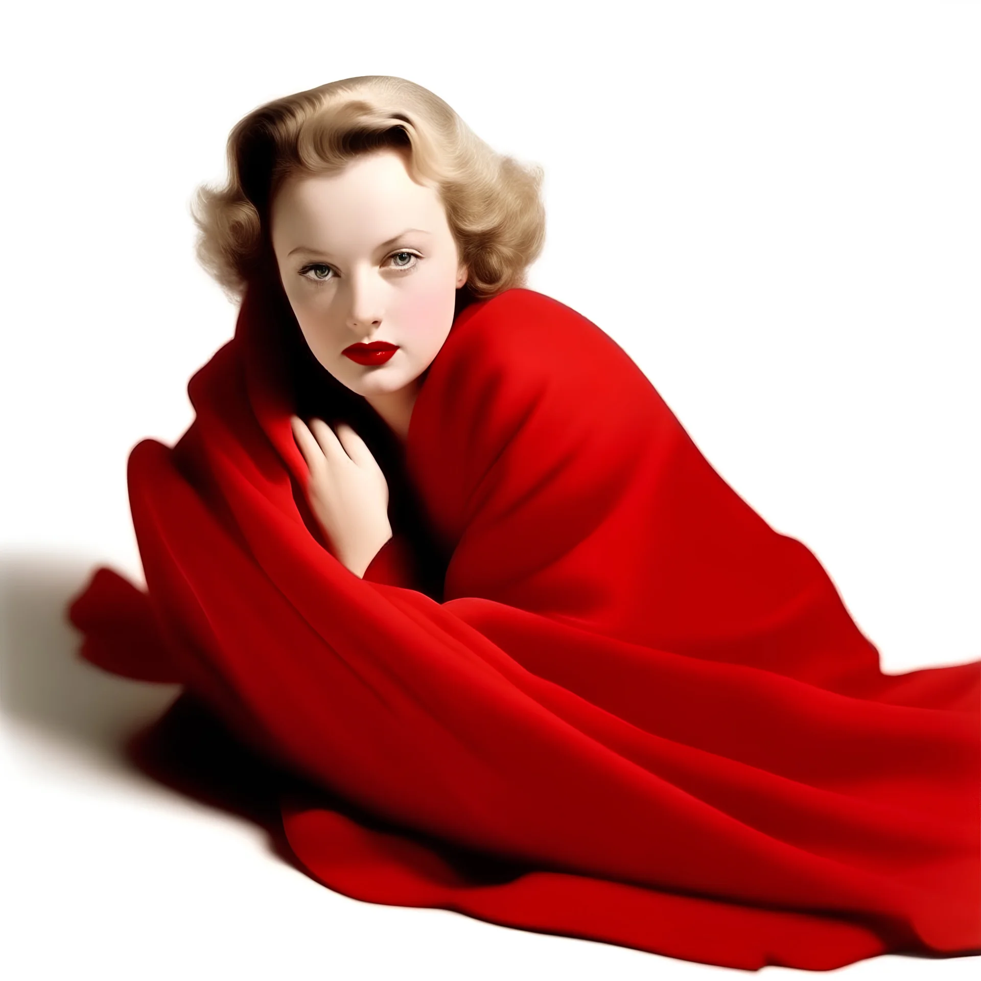 Pulp fiction style, A photograph of norma jeane baker inthe style of milton greene, red blanket, white background