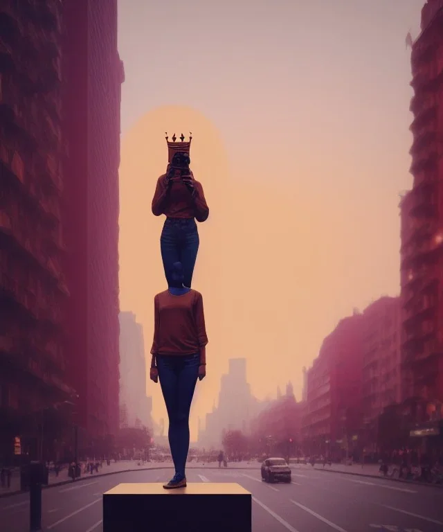 Statue of Queen of photography. Cute blonde woman. Photographer in golden crown. Standing on the street. Big camera in her hand. hyperdetailed, photorealistic, trending on artstation, greg rutkowski, beksinski, kodachrome, lomography, golden hour, bokeh, volumetric light