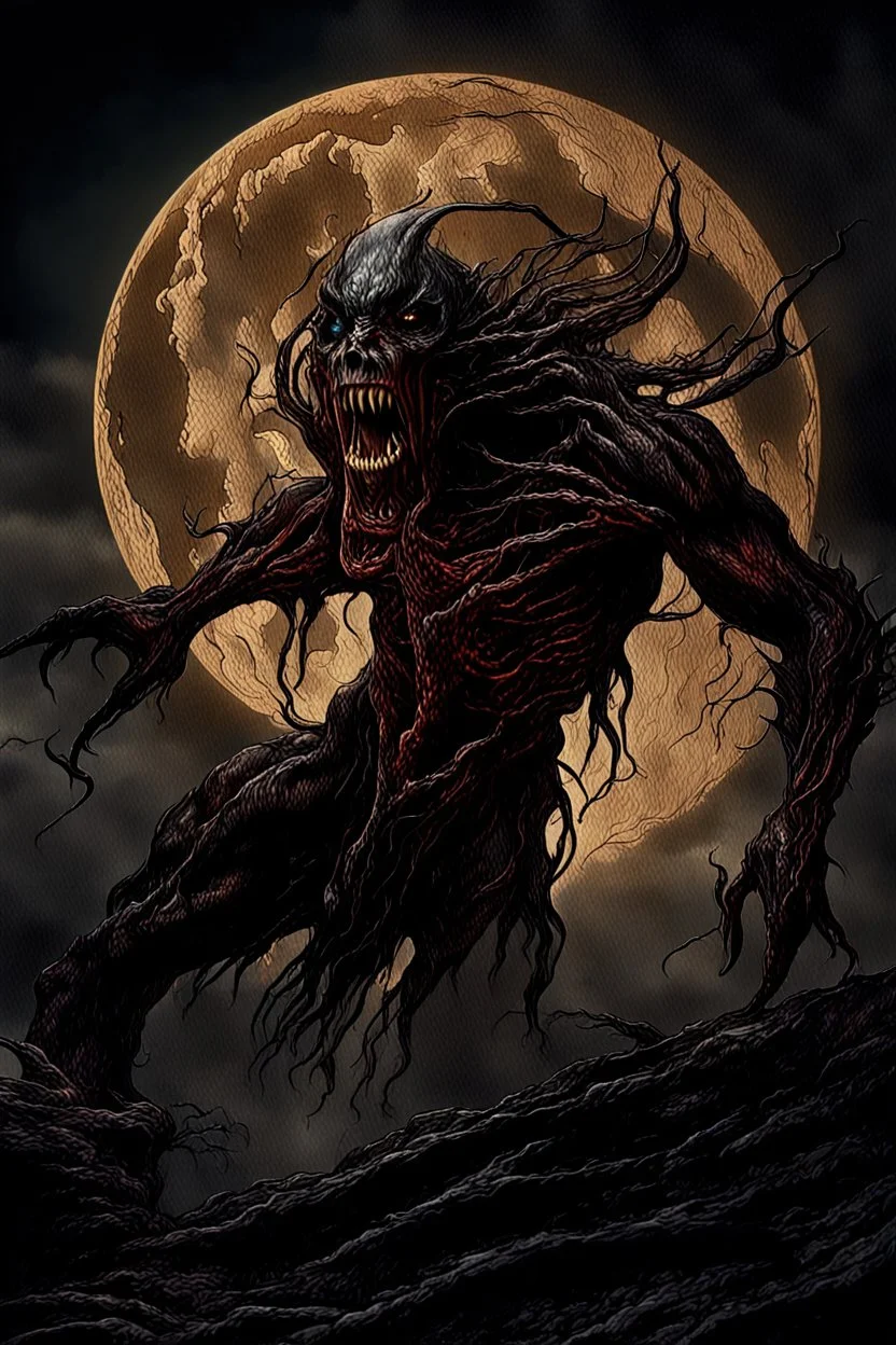 A dramatic digital painting portraying a horror monster under the Moon, veins pulsing, claws of temptation visible, soul in turmoil. In the style of Luis Royo and Boris Vallejo and Giger and Ridley Scott, vivid colors, swirling brushstrokes, highly detailed, 8k resolution, surrealistic., juicy emotions, painting, gloomy fantasy, gloomy day, dark world, portrait, oil and graphite, wide strokes, a weaving frame around, by Ryohei Hase, Agnes Cecile, Raymond Swanland, Anne Bachelier