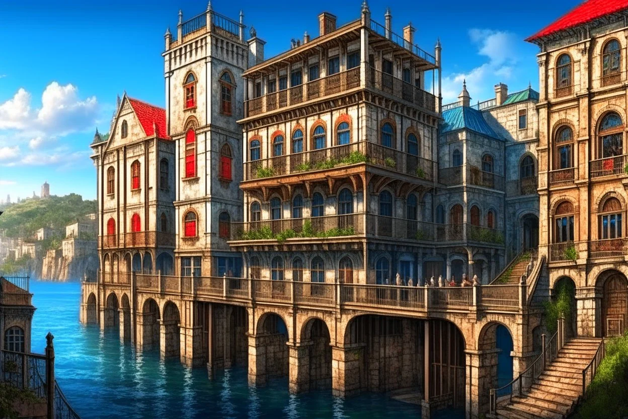 medieval buildings with balconies overhanging lake edge with blue sky and people, photorealism, fantastical, intricate detail, splash screen, concept art