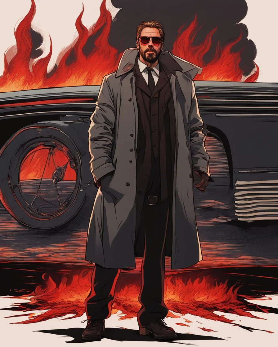 a young man with big muscles who looks like hans gruber wearing a heavy coat and red sunglasses staring with an irritated look on his face standing in front of a large fire