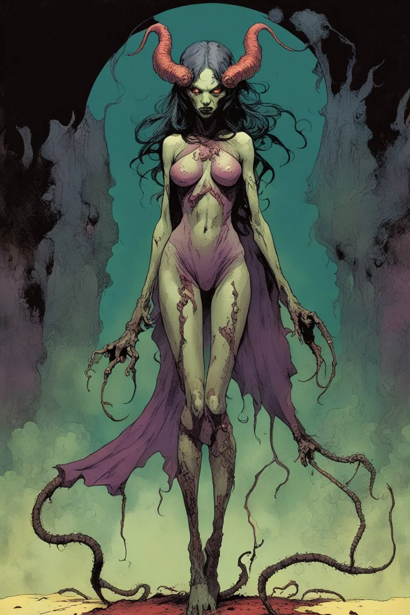 Demon girl wizard Halloween, fullbody, feet point view, sinister, many worms parasite creature connected to the head, in the comic book art style of Mike Mignola, Bill Sienkiewicz and Jean Giraud Moebius, ,