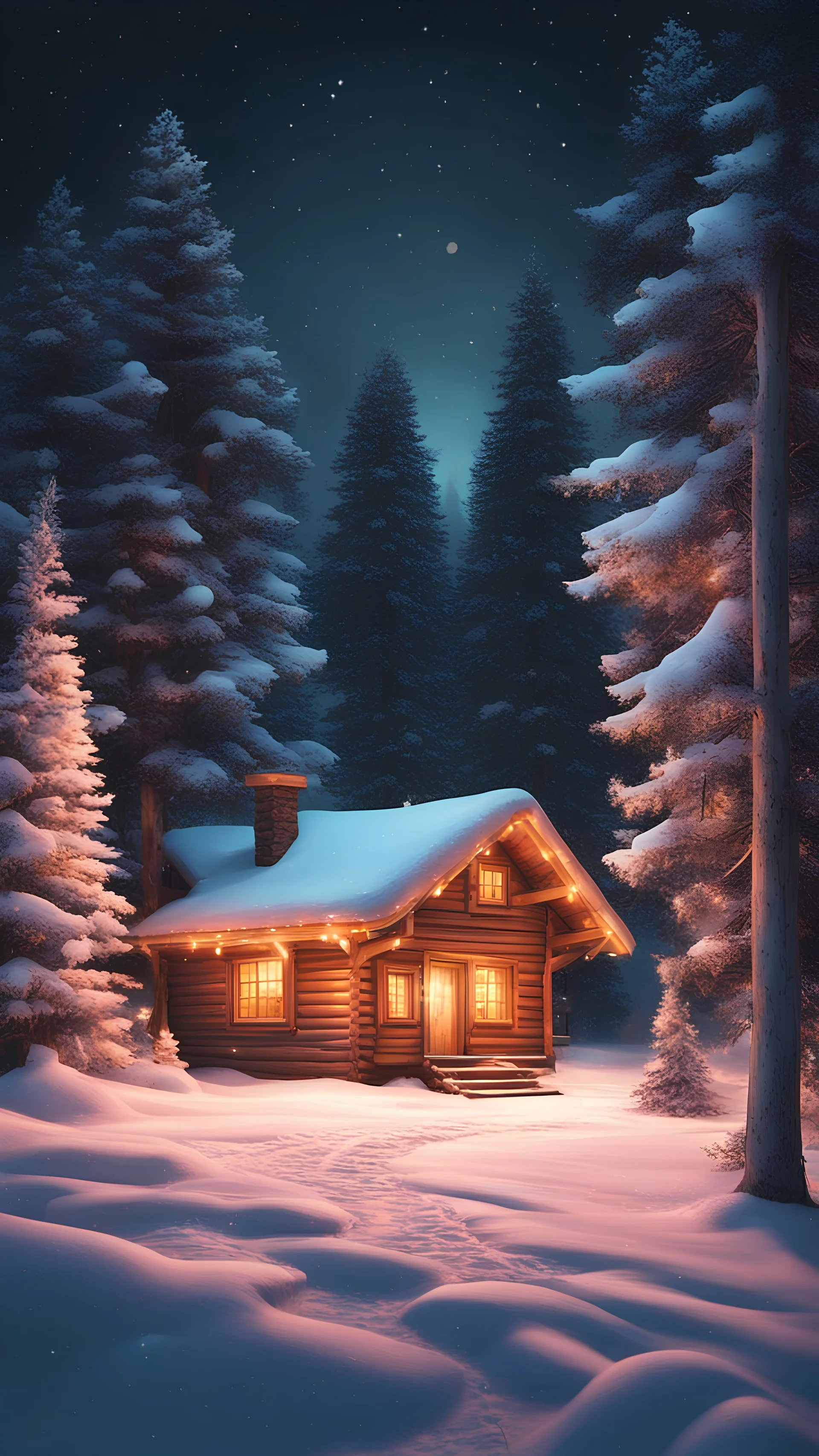 one winter log cabin in the woods pine forest trees snowy night christmas colored garlands