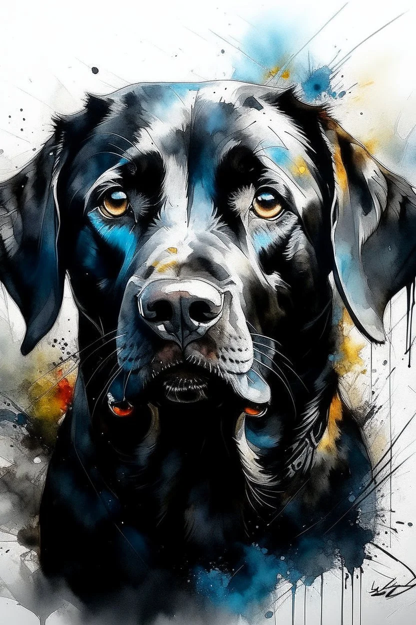 A portrait of black Labrador by Willem Haenraets, watercolor, wet on wet and splattering techniques, centered, perfect composition, abstraction, surrealism