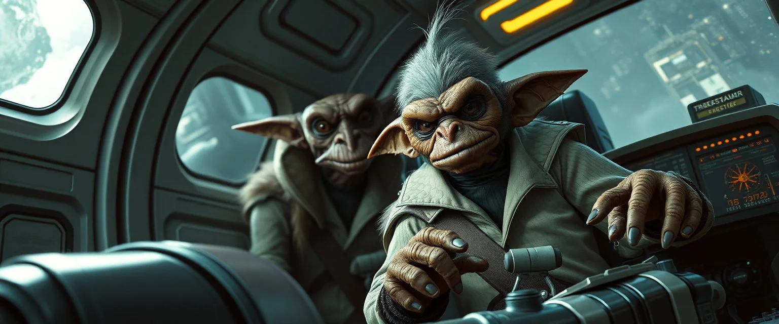 portrait of researcher slender alien rich troll gnoll dark elf hill billy fluffy captain pilot focus controlling flight stick in deep action, gremlin cyber punk with two crew members, in sci fi air ship waiting hall, in future dynasty