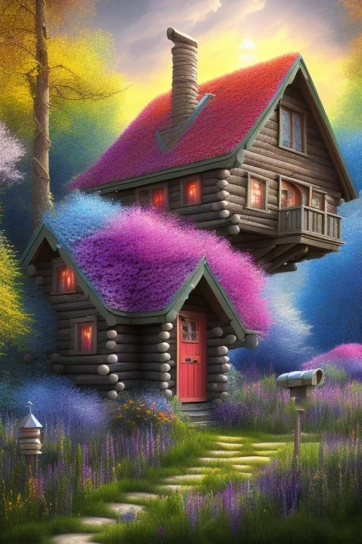 hyper detail, mystical forest, small wooden cabin, purple blue yellow silver teal black olive azure, red, pink, brown, flowers, color field painting,