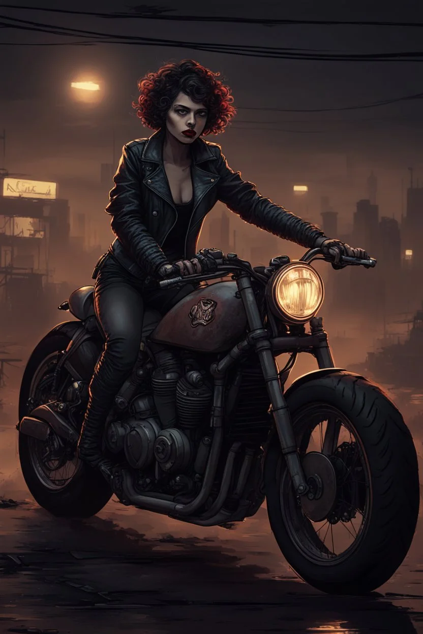 vampire girl with short curly hair riding a cafe racer motorcycle in a post apocalyptic city at night