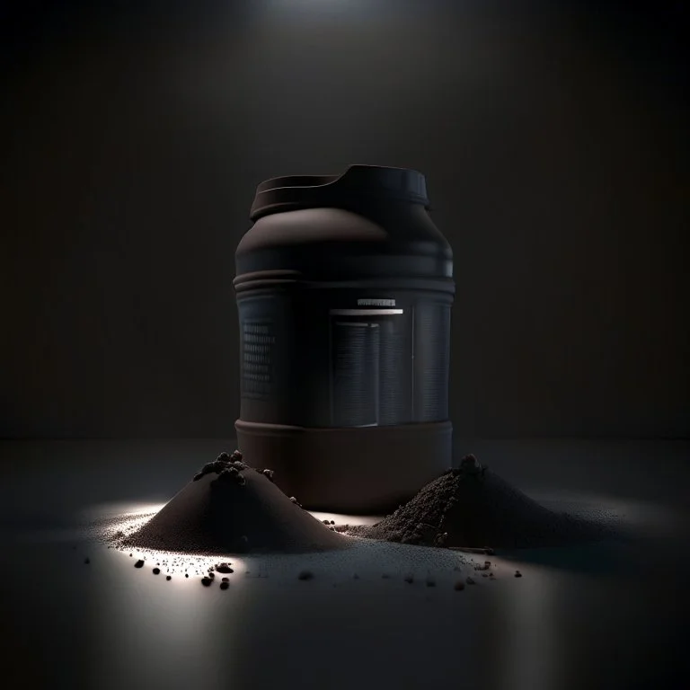 Realistic photograph of a dark studio with a container for protein powder. High resolution.