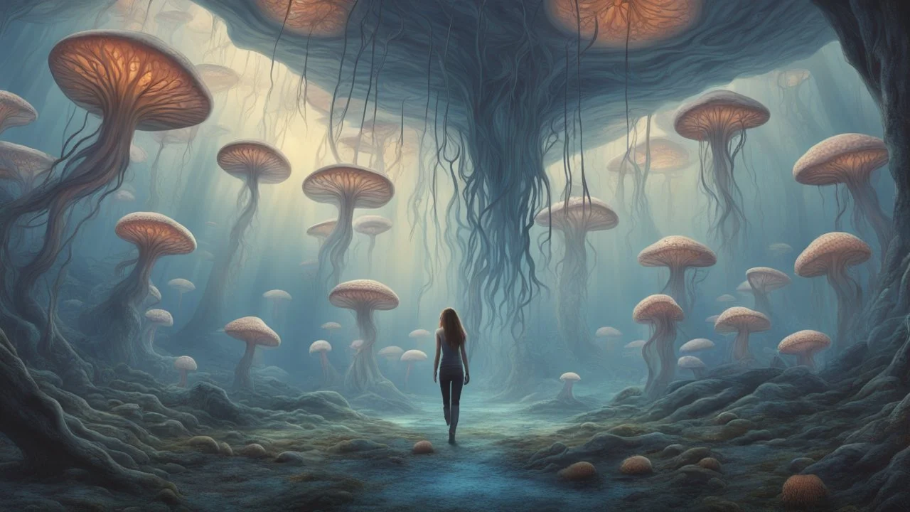 woman walking through Alien mushrooms with jellyfish tentacles, floating through an alien forest, in a huge cave, floor covered in mushrooms, photorealistic, Deep Colour, Intricate Detail, sunshine, blue sky