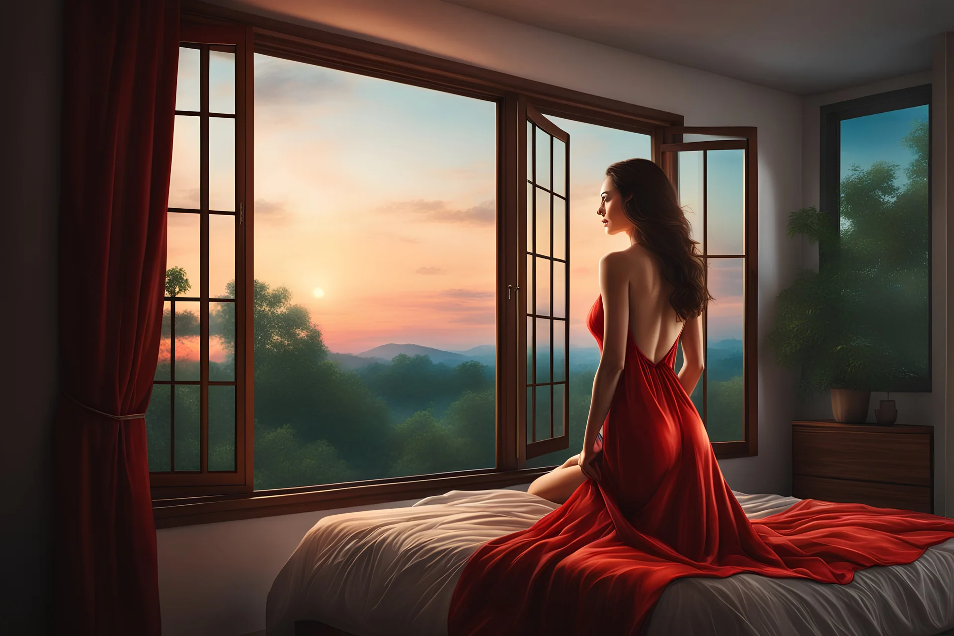 inspired by all the works of art in the world - a really beautiful brunette woman in a red night gown is in my bedroom looking out the window, Absolute Reality, Reality engine, Realistic stock photo 1080p, 32k UHD, Hyper realistic, photorealistic, well-shaped, perfect figure,