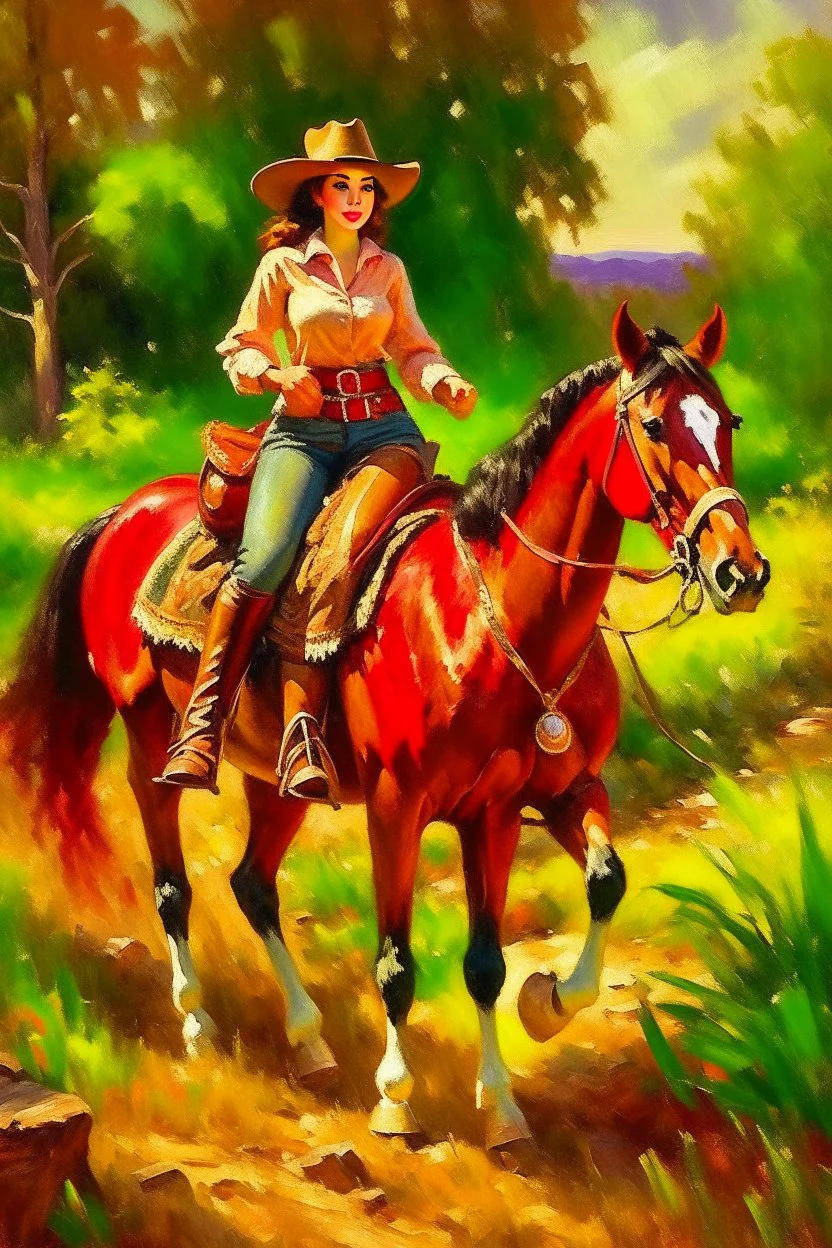 Oil painting of a cowboy and a woman riding horses