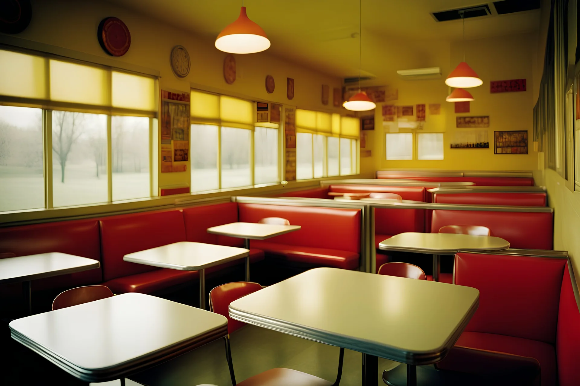 American dinner place interior without of people. early morning in Texas very sunny day. Colorful and juicy style. Like interior design example. All tables is empty but exept one, on that one is all the mess - dirty dishes and garbages. Minimalistic Film photography style. Kodak portra medium format. Wide angle lens photo.