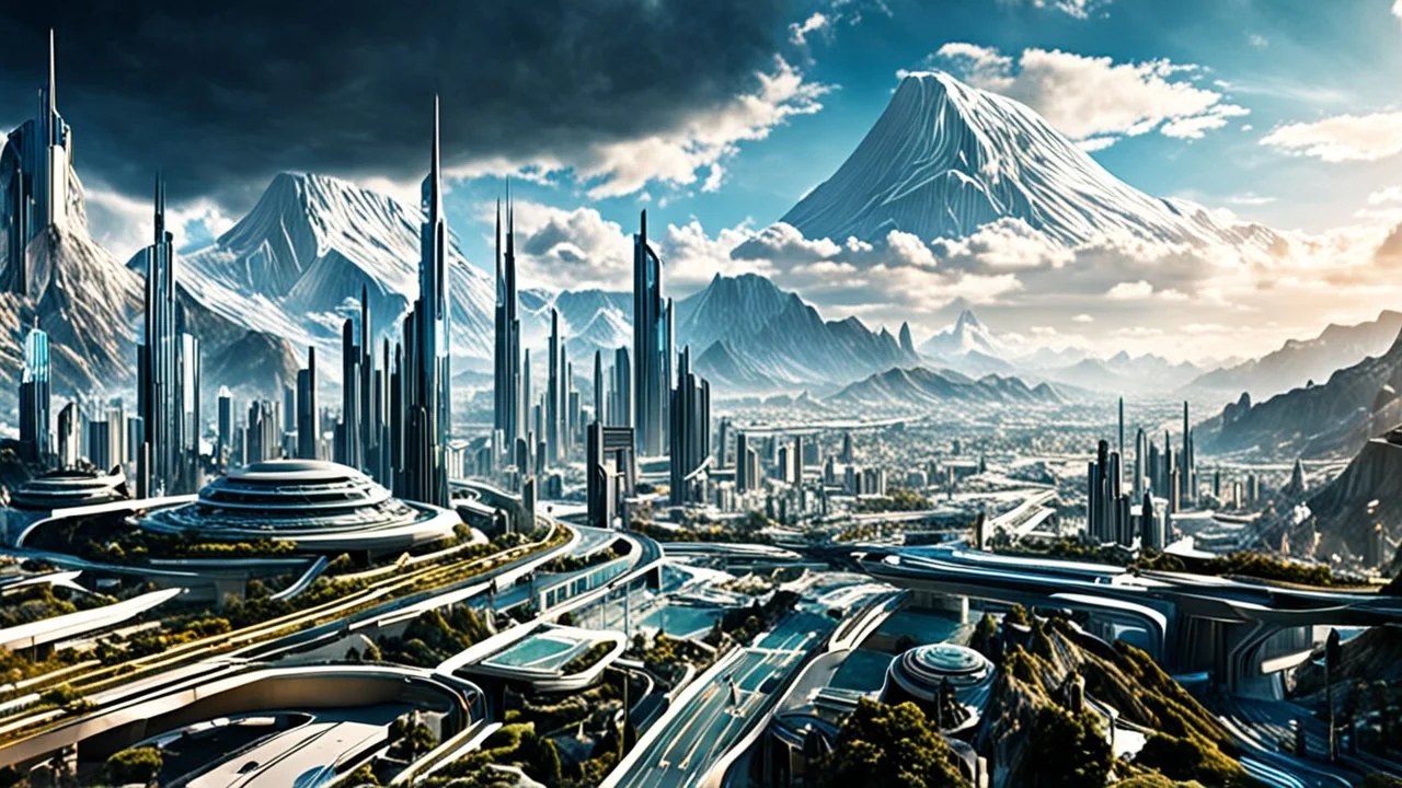 2034. Sci-fi fantasy: high-quality, futuristic image, a cityscape in the year 2050, with advanced technology seamlessly integrated into the architecture and lifestyle of the inhabitants, award-winning photograph, abstract image, beautiful composition, science-fiction, mountains, clouds, clear atmosphere, crisp focus, 35mm lens, adjust perspective