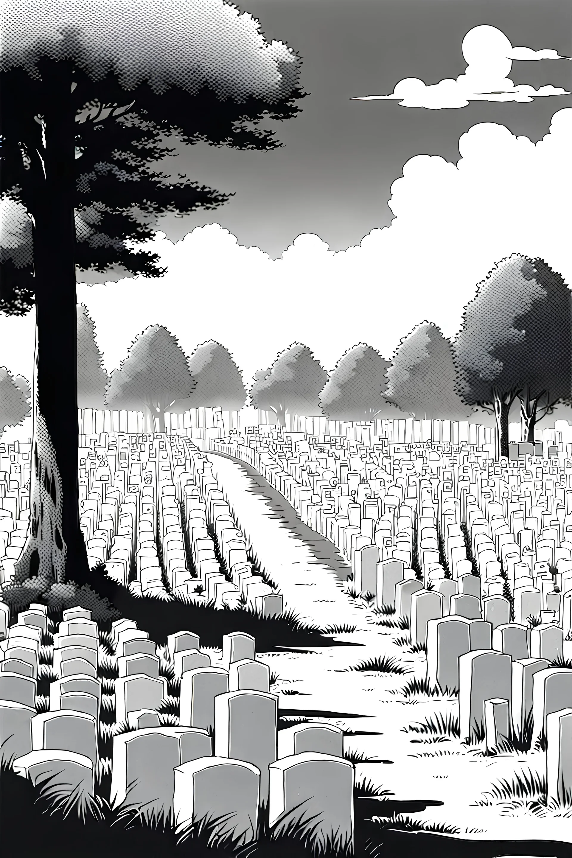 landscape, open air flat cemetery with thousand gravestones, high detail, manga style, grayscale