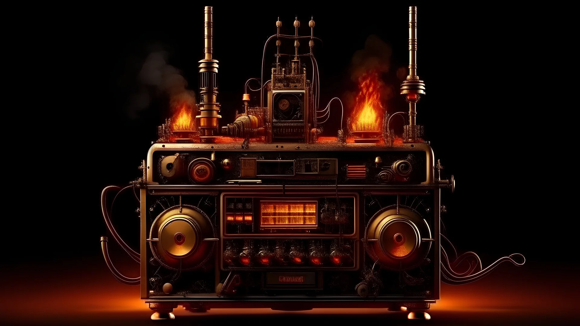 4K. REALISTIC FULL DETAILS. LOGO EMISSION DE RADIO HARDROCK FIRESTARTER TERMINATOR. FLAMMES EN FOND D IMAGE ET STUDIO DE RADIO QUI BRULE. DECOR STUDIO DE RADIO STEAMPUNK