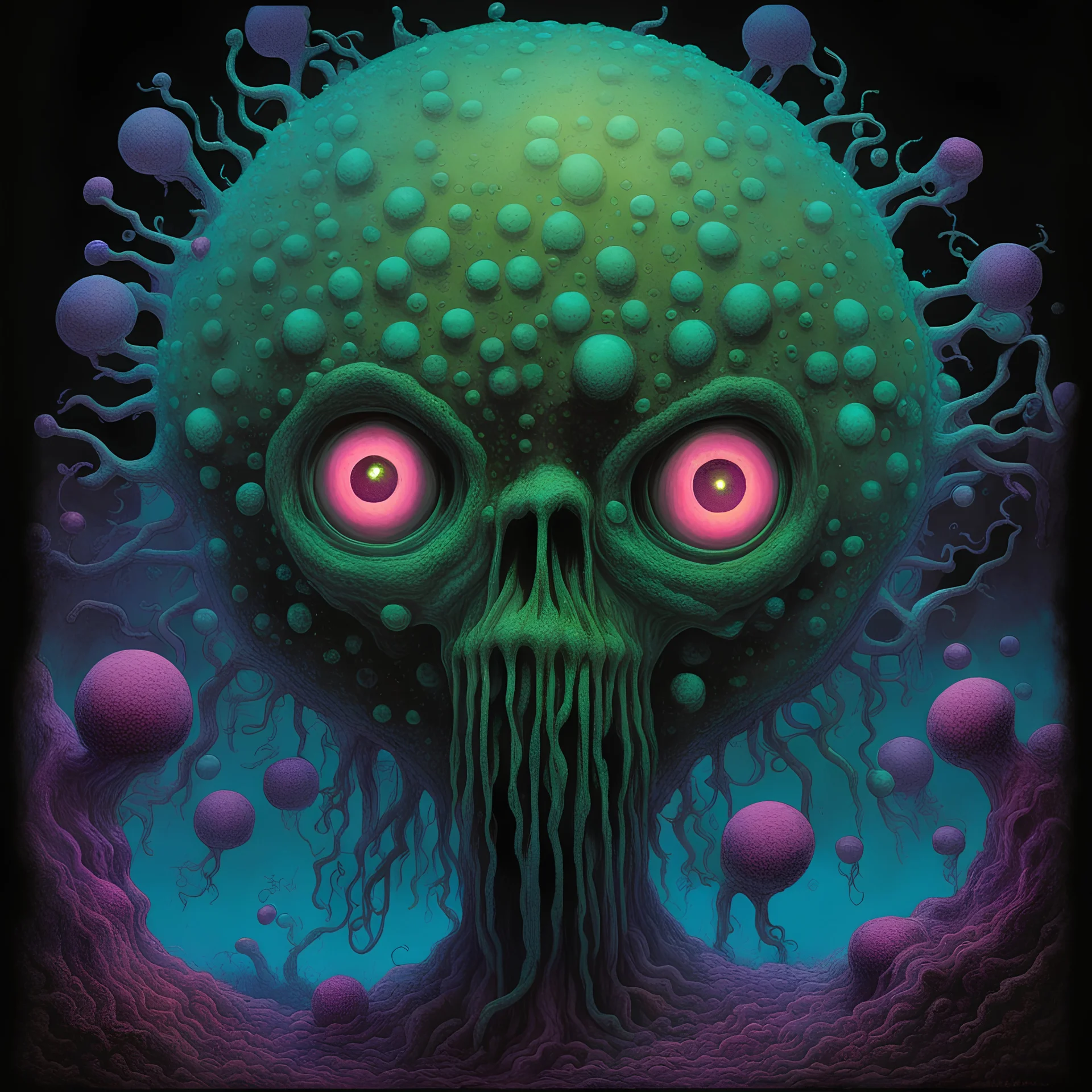 shapeless ball of congealed protoplasmic bubbles self-luminous with myriads of temporary eyes forming as pustules of greenish light, by Esau Andrews and Jack Ohman and Zdzislaw Beksinski, UV reactive blacklight, Lovecraftian masterpiece, horror movie poster, sinister, concept art, oddball masterpiece, complex contrast, dynamic composition