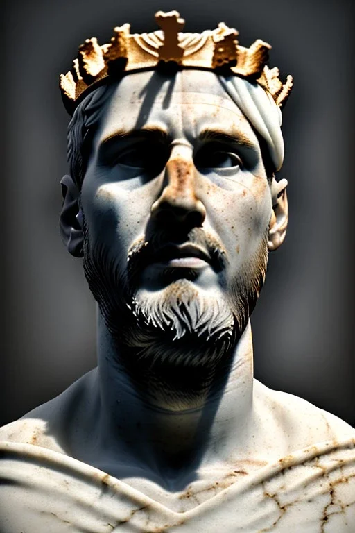 Ultra Realistic image, Roman sculpture, white marble material, Lionel Messi, gold crown of natural thorns, god crown, Renaissance style, sun rays background, waist up portrait, epic, celestial, cinematic lighting, God lights, 4k resolution, smooth details, soft lighting, unreal engine 5, art station, substance 3d.