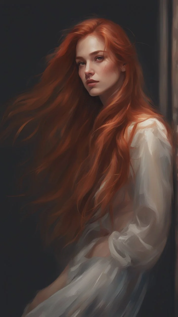 a woman with long red hair posing for a picture, the style of wlop, realistic digital art 4 k, realistic digital art 4k, brown flowing hair, wlop style, flowing ginger hair, in style of wlop, realistic artstyle, 8 k realistic digital art, style of wlop, artwork in the style of guweiz, niji5, style expressive