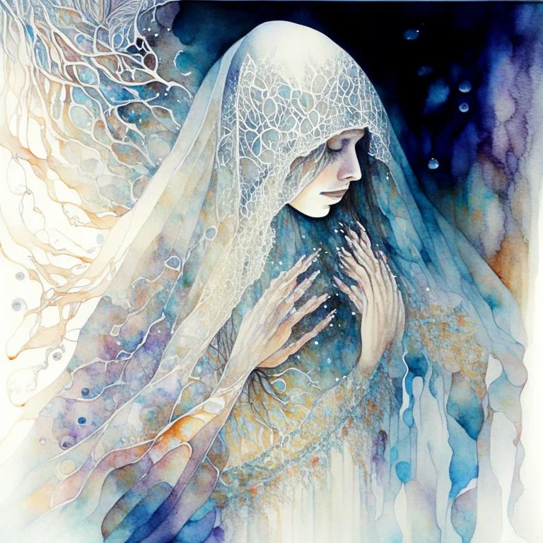 A watercolour painting, A person gazing through a translucent veil that separates the physical world from the realm of imagination. The veil could be adorned with intricate patterns, symbols, and dream-like imagery, representing the enigmatic nature of the imagination. As the person reaches out to touch the veil, their hand appears to merge with the fantastical visions on the other side.