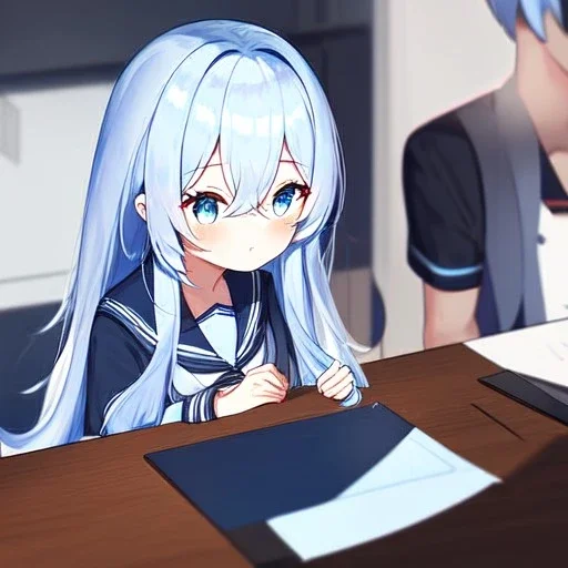 Clear focus, High resolution, long fluffy light blue hair, hair between eyes, long locks, wearing a sailor uniform, wearing a sailor skirt, long black socks, 1girl, cartoon, cute, UNFOTABLE studio