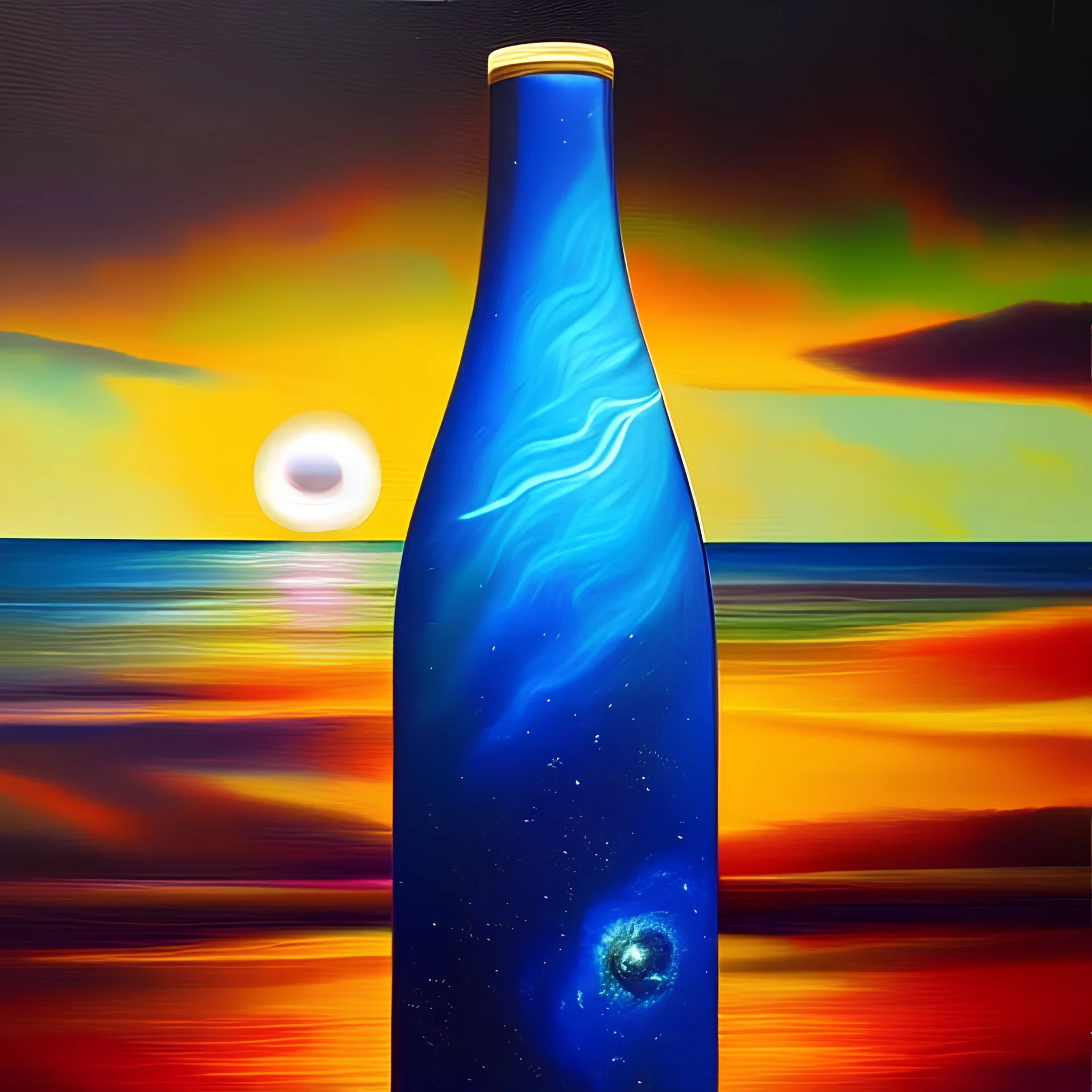 Oil painting with heavy impasto of a sub atomic particles imploding into itself inside a glass bottle. Storm. The bottle is horizontal, and on a sea shore. Cosmic. Fantasy realistic.