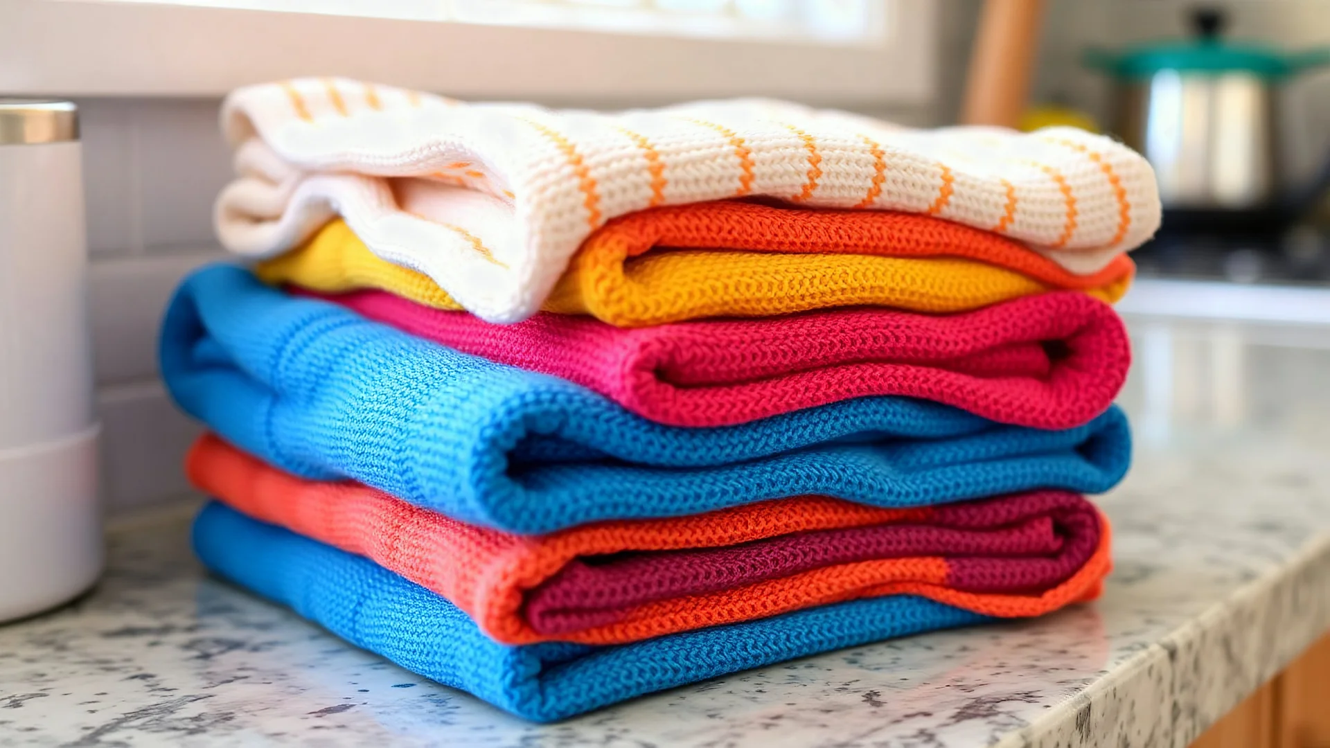 Stack of colorful terry towel Washcloths on Kitchen Counter