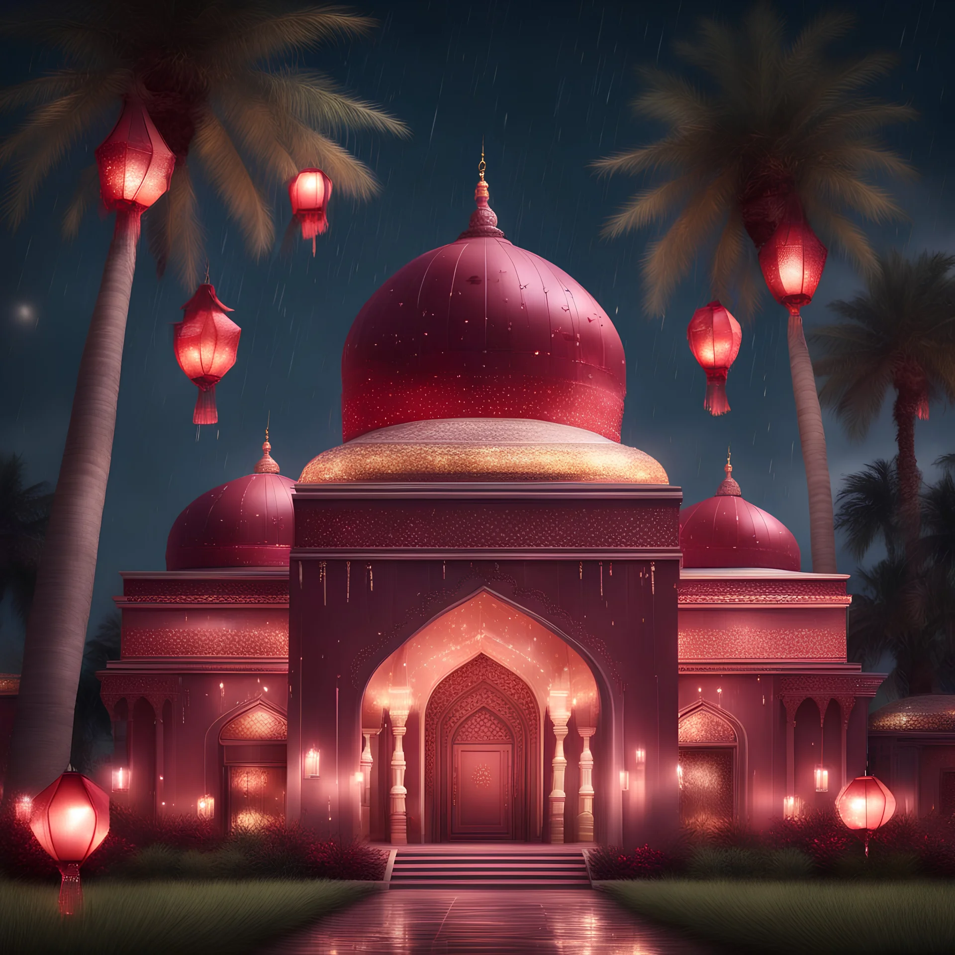 Hyper Realistic beautiful maroon decorated mosque with garland lights & sky lanterns at rainy night with palm trees & grass patches