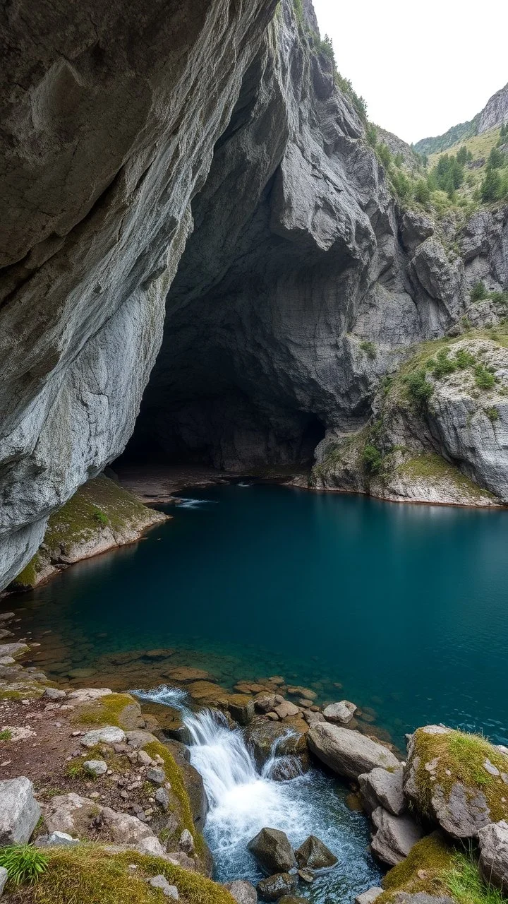 A cave in side a mountain access to an underground water lake and small waterfalls