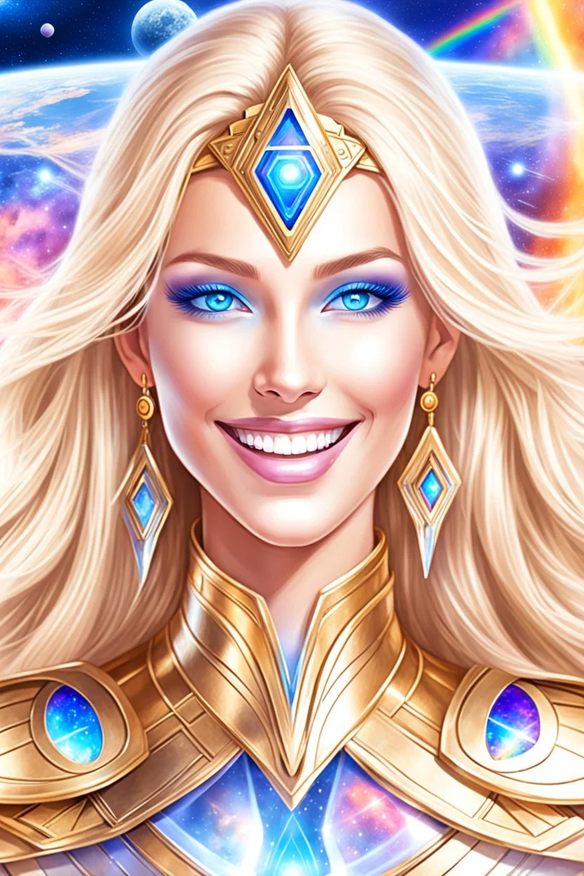 cosmic woman smile, admiral from the future, galactic confédération, fine whole face, crystalline skin, expressive blue eyes,rainbow, smiling lips, very nice smile, costume pleiadian, Beautiful tall woman pleiadian Galactic commander, ship, perfect datailed golden galactic suit, high rank, long blond hair, hand whit five perfect detailed finger, amazing big blue eyes, smilling mouth, high drfinition lips, cosmic happiness, bright colors, blue, pink, gold, jewels, realist, high,rainbows