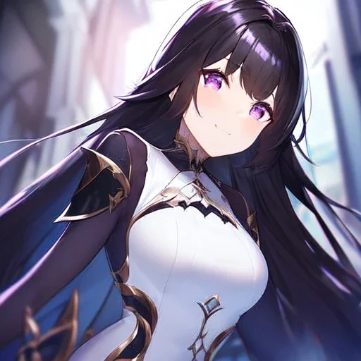 Clear focus,High resolution, Black long hair, Purple eyes, Wearing a goddess outfit, blurry background, a seductive look on her face, seductive smile