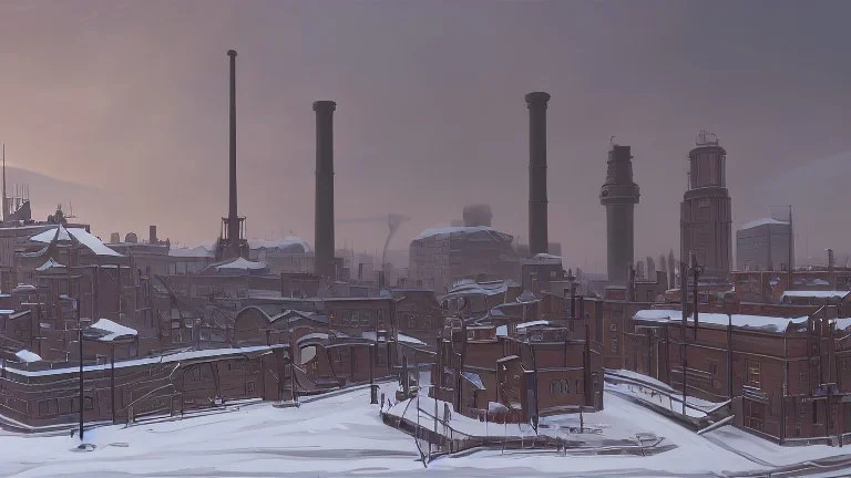 an distant old london factory, rugged, fireplaces, cold weather, comfy