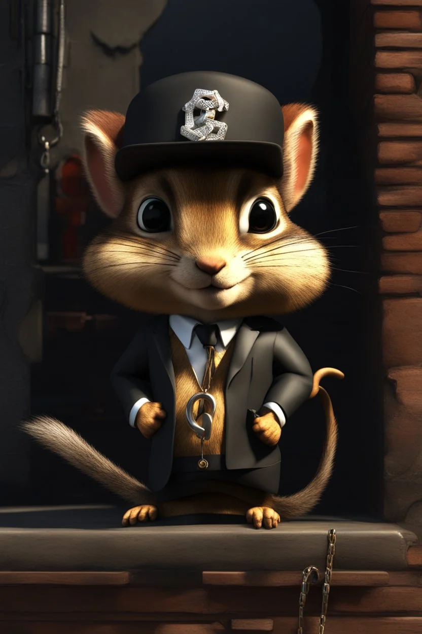 3d animated gangster chipmunk with graffiti backwall, earring in ear and chains around neck