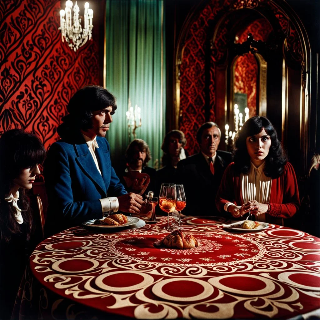 Strong texture, photorealism. Intricate patterns, dine, people, table excitement, hypermaximalist, eerily mysterious, volumetric light, Italian horror, Dario Argento. Movie shot, spooky horror. 1970's Italian movie. 33mm photography.