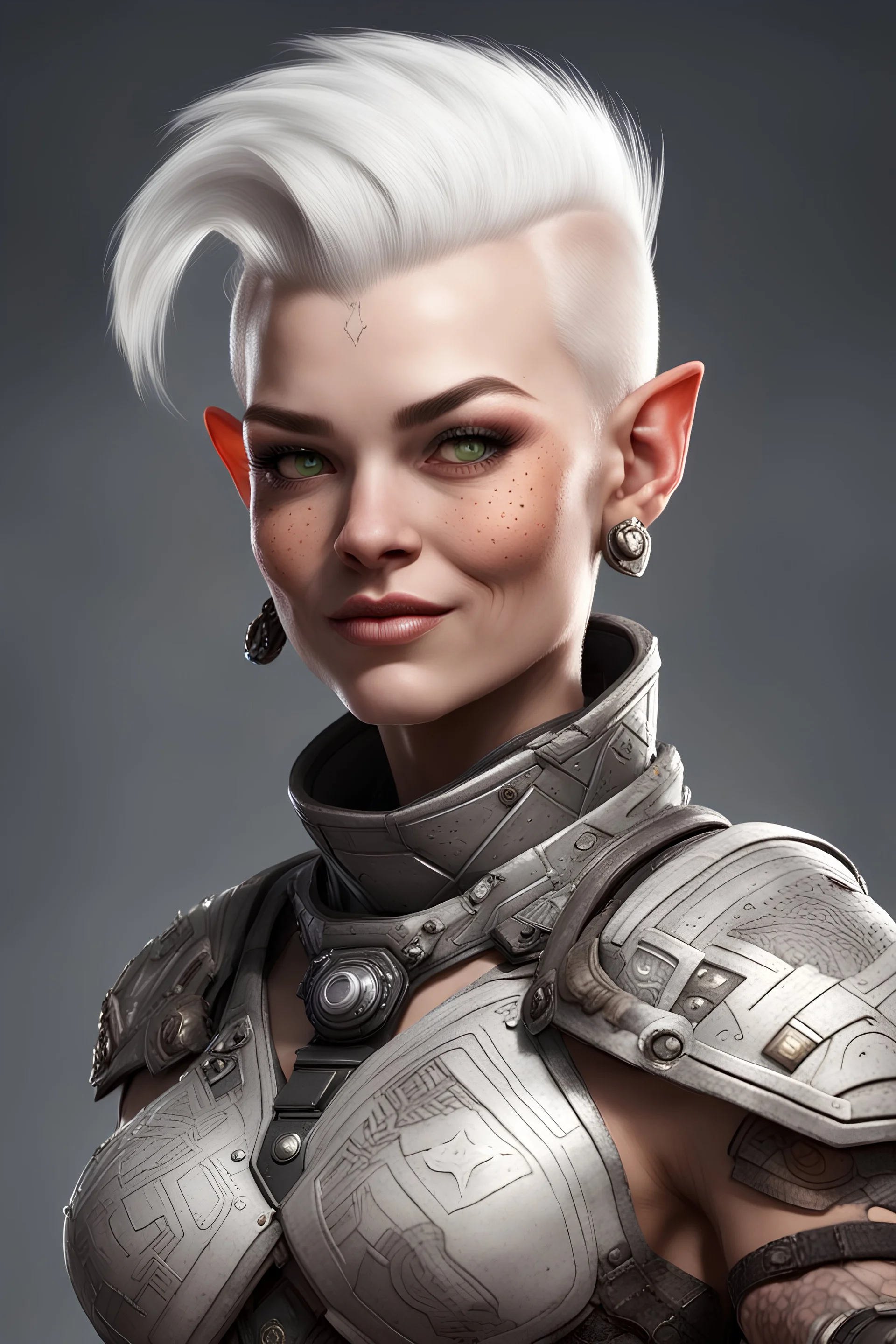 Female sci-fi mountain dwarf. Her short white hair is styled into a slicked back mohawk with intricate patterns shaved into the sides. She has fair skin with many freckles dotted across her cheeks and arms. The image she portrays is very typical of a dwarf - short and muscular with square features - however she always has a mischievous smile upon her face, accentuated by her vibrant green ey