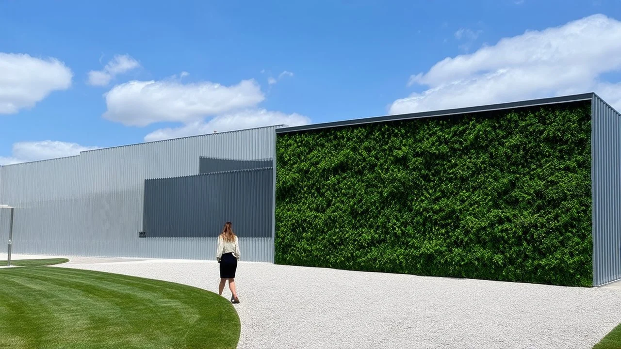A modern building with a green living wall and corrugated metal facade stands under a clear blue sky with scattered clouds. The building is surrounded by manicured lawns and gravel pathways. A lone woman walks on the path in the foreground, adding a sense of scale and human presence. The architecture is clean and geometric, with a contrast between the organic growth of the plants and the industrial materials of the building. The lighting suggests a bright, sunny day, with soft shadows and vibran