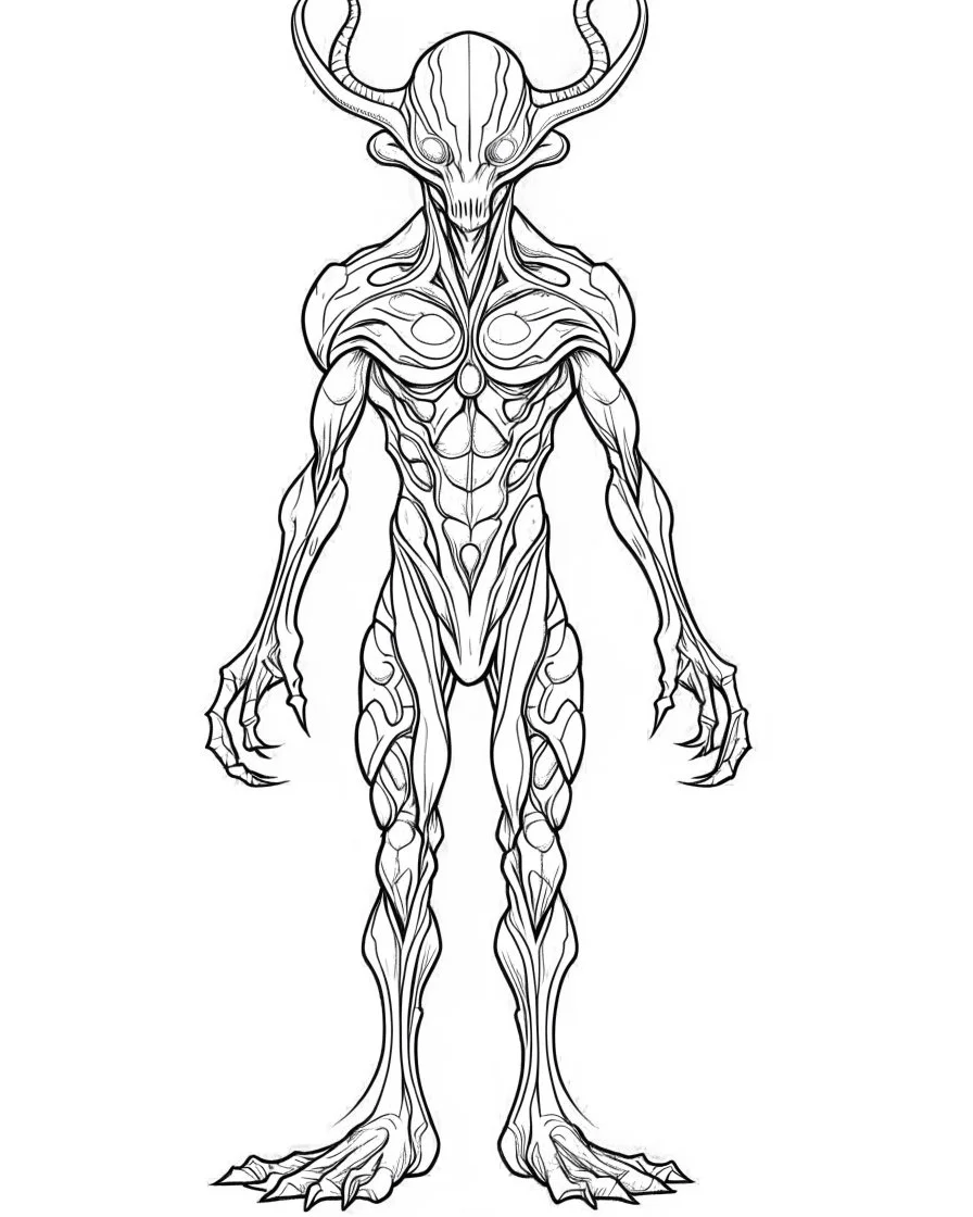 real massive Alien coloring page, full body (((((white background))))), only use an outline., real style, line art, white color, clean line art, white background, Sketch style.