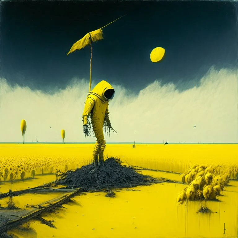 High concept art, dramatic, surreal, matte oil painting, large scarecrow dressed as an astronaut propped up on a wooden stake in a corn field, smoking lunar lander wreck in the distance which looks like a lemon, biomechanical yellow crows, daytime, dynamic composition, oddball masterpiece, sfumato, complex contrast, style of "Indefinite Divisibility" by Yves Tanguy