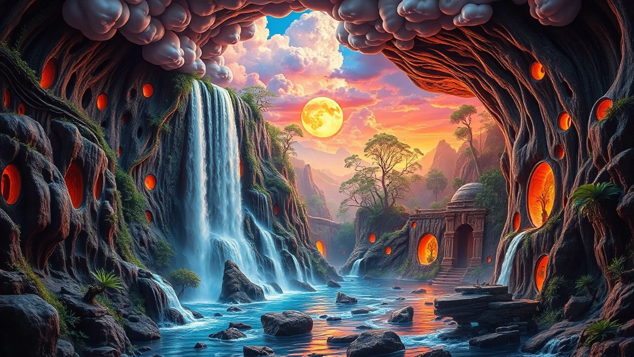 waterfall full of holes with various jungle flowing spiral cloud neon colorful Unique open cliff burning rippled surrealistic artwork with shiny shackled by cliff and sea island, while holding a waterfall doing pulling, the open cavity inside the body is a scene of an ancient Egyptian painting in the Gesang desert 5D diorama, with seven open panels revealing a forest with a thousand shadows, giving a triple exposure effect on a Balinese girl and her telepathy waves with magic breast milk